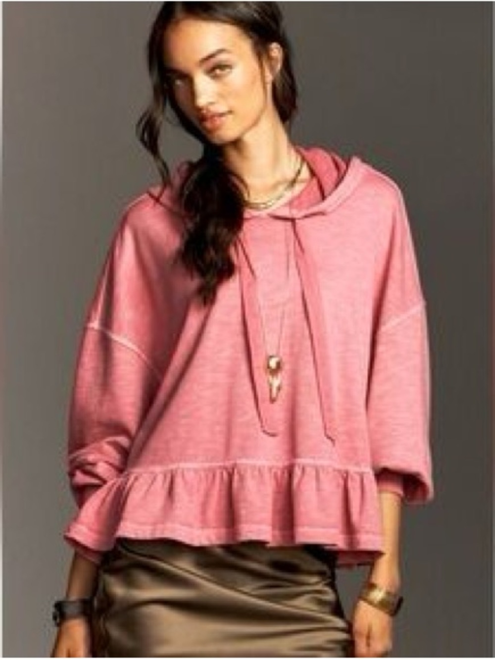Anthropologie Pink Ruffle-Hem Pullover Hoodie